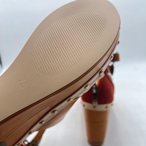 FSJ Tan Open Toe Buckle Strap Platform Shoes Studded Vintage Wedge Heels - Picture 6 of 8